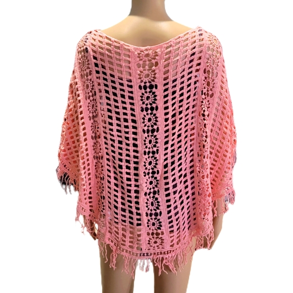 Pink Open Knit Crochet Pancho Coverup OSFM NWOT - Picture 4 of 4